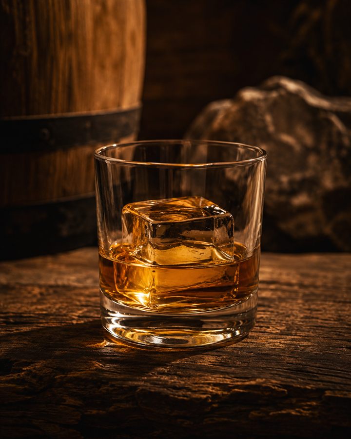 Moonshine com gelo, servido em copo baixo, barril ao fundo