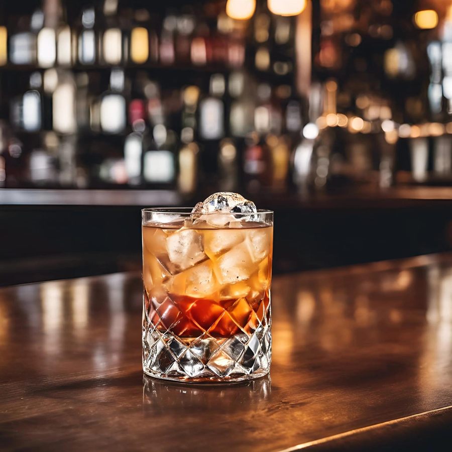 Drink Godfather: Moonshine com amaretto, servido com gelo em copo baixo, sobre balcão de bar