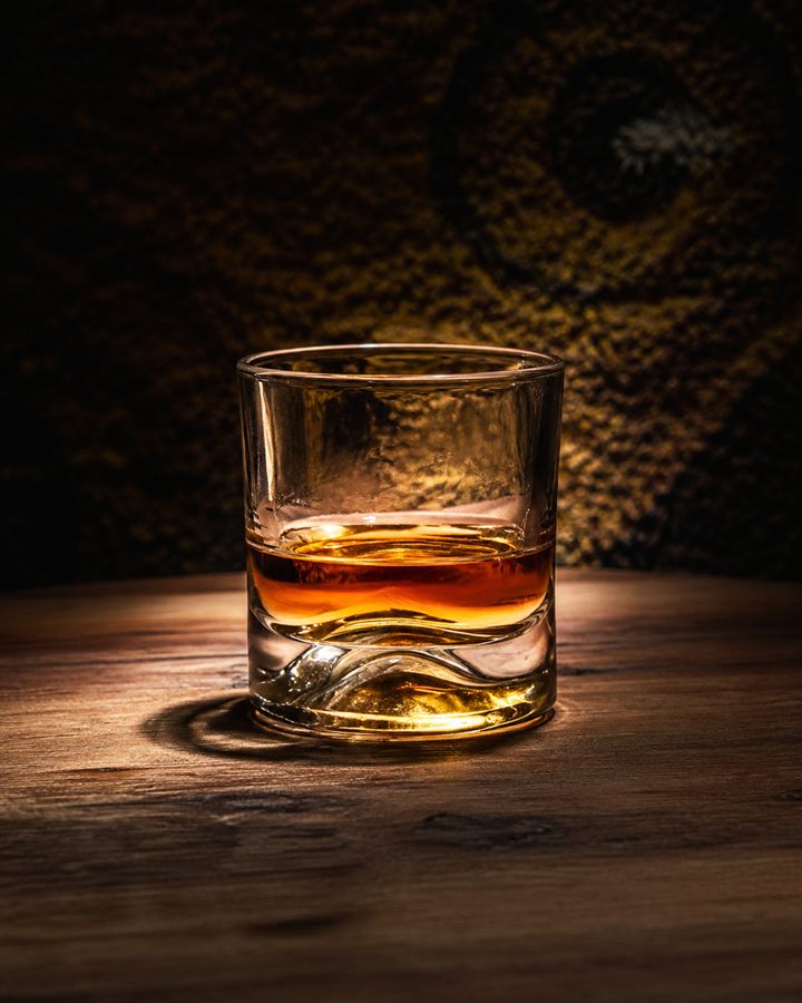 Moonshine puro, servido em copo baixo sobre mesa de madeira