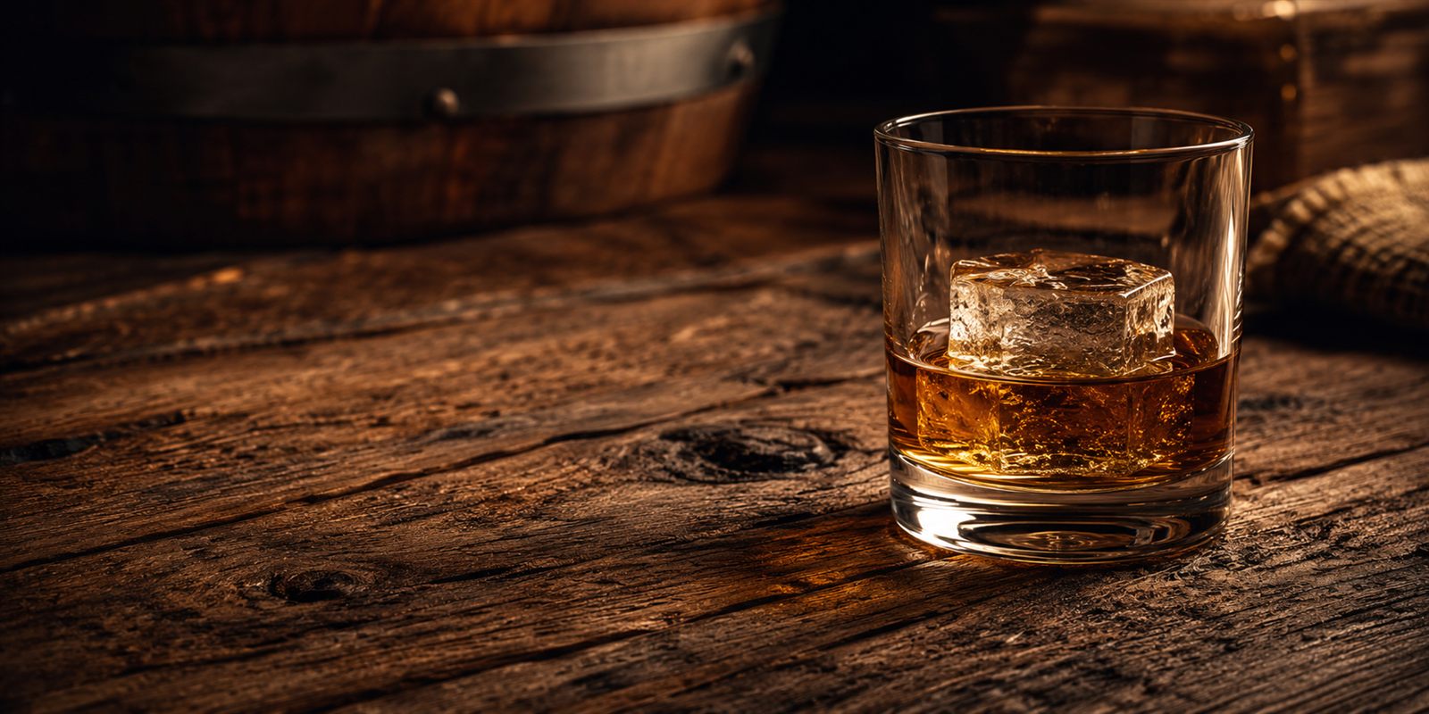 Copo de whiskey Moonshine com gelo, barril de carvalho ao fundo, ambiente da destilaria